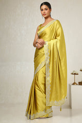 Women's Mustard Satin Embellished Saree With Stone Work