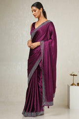 Women's Wine Satin Embellished Saree With Stone Work