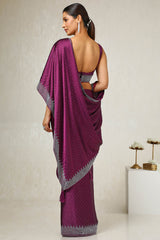 Women's Wine Satin Embellished Saree With Stone Work