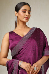 Women's Wine Satin Embellished Saree With Stone Work