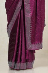 Women's Wine Satin Embellished Saree With Stone Work