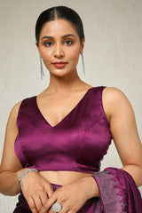 Women's Wine Satin Embellished Saree With Stone Work