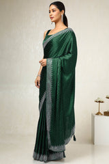 Women's Green Satin Embellished Saree With Stone Work