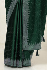 Women's Green Satin Embellished Saree With Stone Work