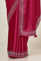 Women's Fuchsia Satin Embellished Saree With Stone Work