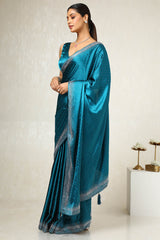 Women's Teal Satin Embellished Saree With Stone Work