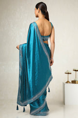 Women's Teal Satin Embellished Saree With Stone Work