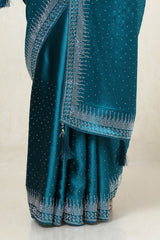 Women's Teal Satin Embellished Saree With Stone Work