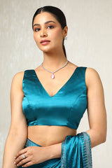 Women's Teal Satin Embellished Saree With Stone Work