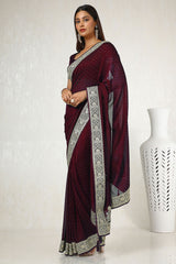 Women's Maroon Tussar Embroidered Saree With Stone Work