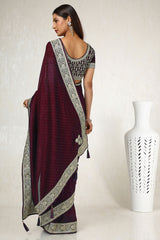 Women's Maroon Tussar Embroidered Saree With Stone Work