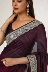 Women's Maroon Tussar Embroidered Saree With Stone Work