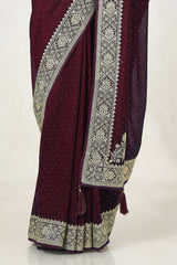 Women's Maroon Tussar Embroidered Saree With Stone Work