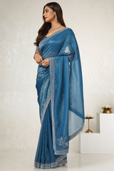 Women's Blue Organza Embellished Saree With Stone Work
