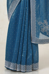 Women's Blue Organza Embellished Saree With Stone Work