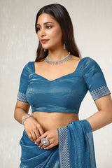 Women's Blue Organza Embellished Saree With Stone Work