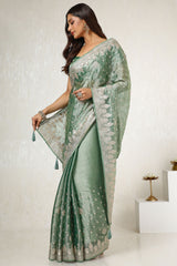 Women's Light Green Organza Embroidered Saree With Stone Work
