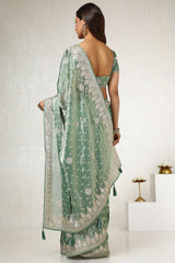 Women's Light Green Organza Embroidered Saree With Stone Work