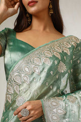 Women's Light Green Organza Embroidered Saree With Stone Work