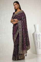 Women's Wine Tussar Embroidered Saree With Stone Work