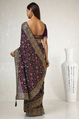 Women's Wine Tussar Embroidered Saree With Stone Work