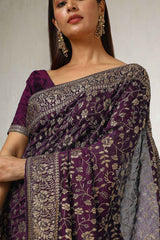 Women's Wine Tussar Embroidered Saree With Stone Work