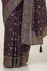 Women's Wine Tussar Embroidered Saree With Stone Work