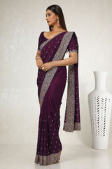 Women's Wine Tussar Embroidered Saree With Stone Work