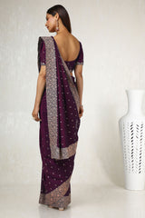 Women's Wine Tussar Embroidered Saree With Stone Work