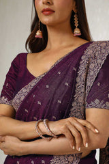 Women's Wine Tussar Embroidered Saree With Stone Work