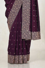 Women's Wine Tussar Embroidered Saree With Stone Work
