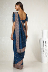 Women's Blue Tussar Embroidered Saree With Stone Work