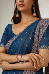 Women's Blue Tussar Embroidered Saree With Stone Work