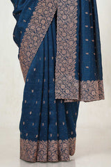 Women's Blue Tussar Embroidered Saree With Stone Work
