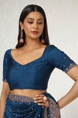 Women's Blue Tussar Embroidered Saree With Stone Work