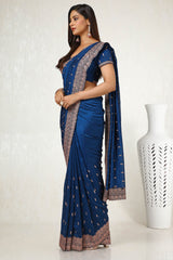 Women's Blue Tussar Embroidered Saree With Stone Work