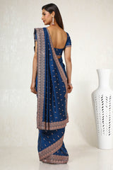 Women's Blue Tussar Embroidered Saree With Stone Work