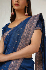 Women's Blue Tussar Embroidered Saree With Stone Work