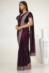 Women's Wine Tussar Embroidered Saree With Stone Work