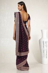 Women's Wine Tussar Embroidered Saree With Stone Work