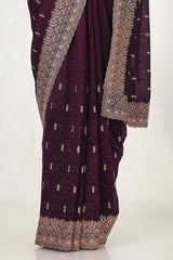 Women's Wine Tussar Embroidered Saree With Stone Work