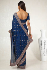 Women's Navy Blue Tussar Embroidered Saree With Stone Work
