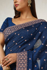 Women's Navy Blue Tussar Embroidered Saree With Stone Work