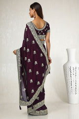 Women's Wine Tussar Embroidered Saree With Stone Work