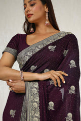 Women's Wine Tussar Embroidered Saree With Stone Work
