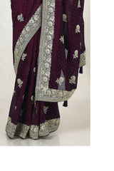 Women's Wine Tussar Embroidered Saree With Stone Work