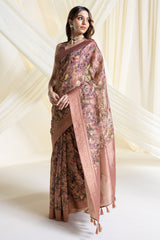 Women's Earth Chanderi Floral Print Saree With Tassels