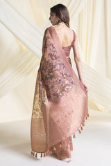 Women's Earth Chanderi Floral Print Saree With Tassels