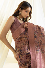 Women's Earth Chanderi Floral Print Saree With Tassels