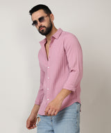 Men's Salmon Pink Self-Design Striped Shirt